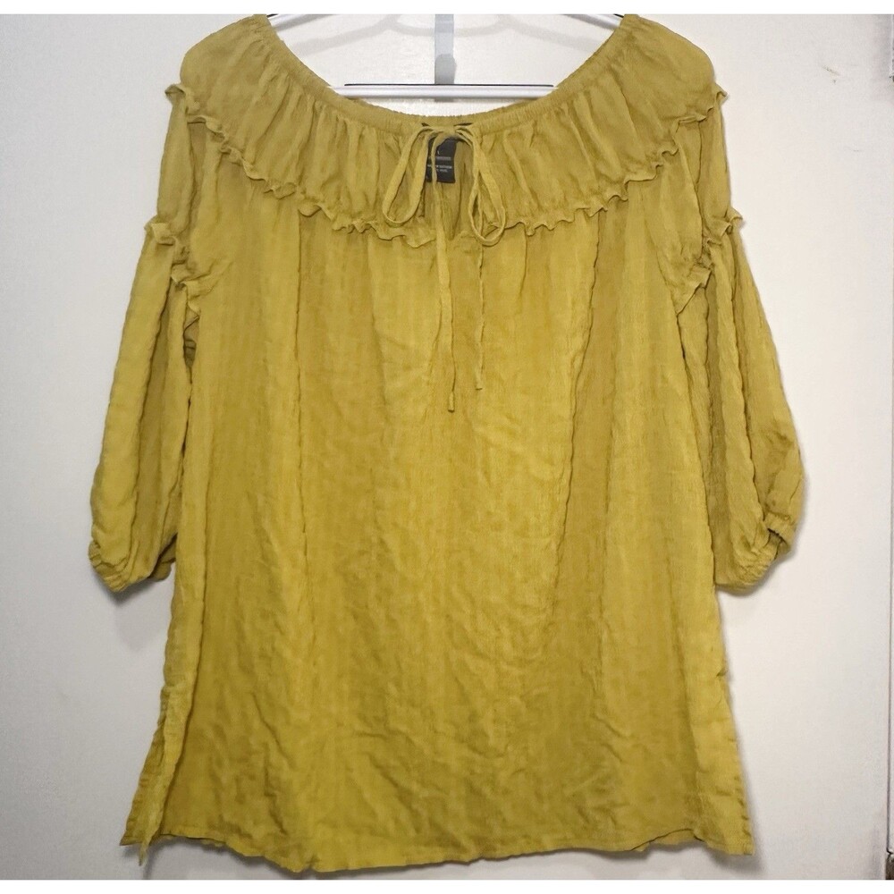 Olivia & Martin Mustard Yellow Boho Peasant Blouse Ruffle Tie Neck 3/4 Sleeve L